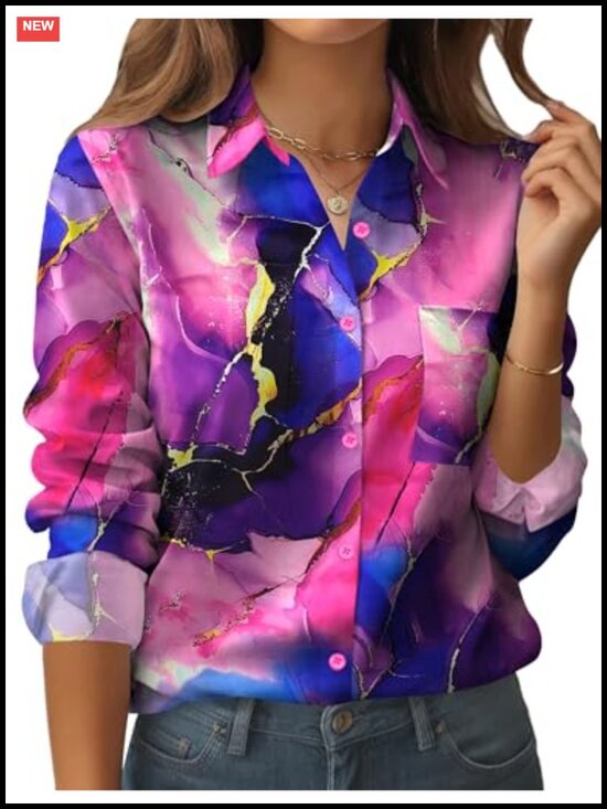 Tops - Women's Floral Button-Down Shirt Long Sleeve Work Blouse with Pockets
